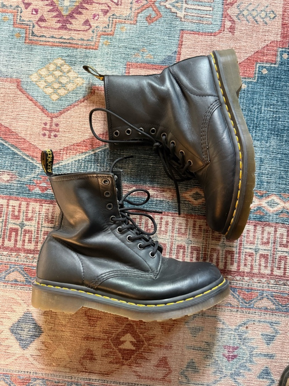 Dr. Martens Black Leather Lace-Up Boot with Yellow Pull-Tab